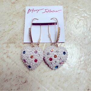 Betsey Johnson Rhinestone Faux Pearl Dangle Earrings Hearts NEW
